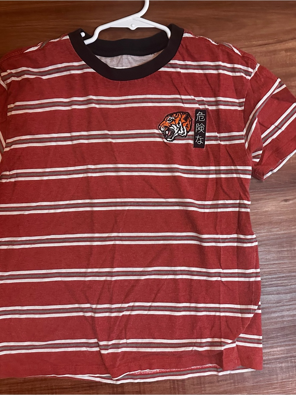 Zumiez Red Striped Tee with Tiger Patch; Neon Riot, M